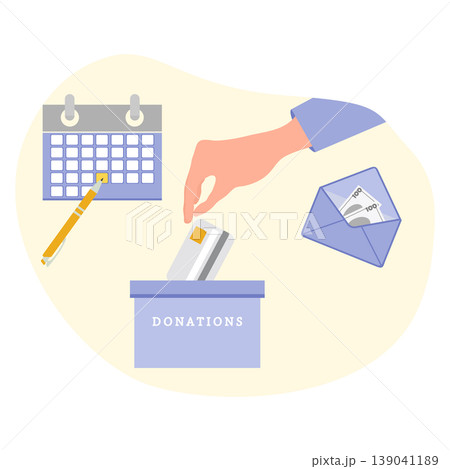 Donations concept with hand placing credit card in box, calendar, pen, and envelope nearby Donations concept with hand placing credit card in box, calendar, pen, and envelope nearby 139041189
