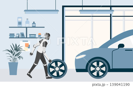 Robot assembling car wheel in modern workshop background with tech and engineering theme Robot assembling car wheel in modern workshop background with tech and engineering theme 139041190