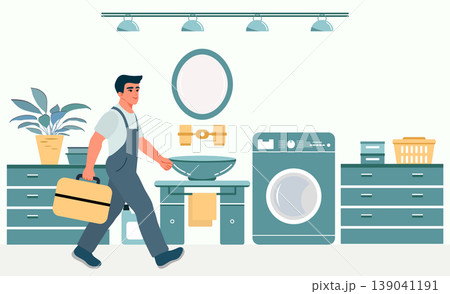 Plumber carrying toolbox in modern laundry room with appliances and decor, concept of home service Plumber carrying toolbox in modern laundry room with appliances and decor, concept of home service 139041191