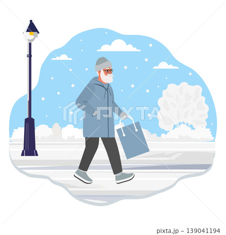 Elderly man walking with shopping bag in winter scene. Background with falling snowflakes Elderly man walking with shopping bag in winter scene. Background with falling snowflakes 139041194