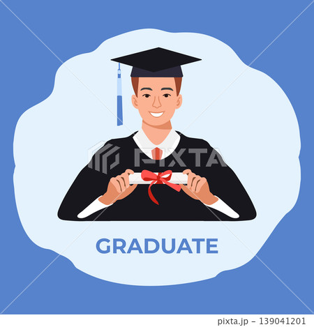 Graduation ceremony illustration with young graduate holding diploma against a blue background 139041201