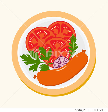 Plate with fresh tomato slices, sausage, onion, and parsley in colorful, appetizing composition 139041212
