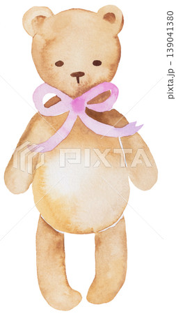 Watercolor pastel bear with pink bow, beige rabbit with long ears, illustration for baby shower 139041380