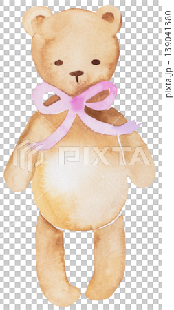Watercolor pastel bear with pink bow, beige rabbit with long ears, illustration for baby shower 139041380