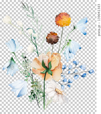Watercolor bouquet with blue, ivory and orange wildflowers, rustic isolated illustration for stationery 139041383