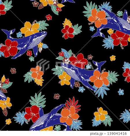 ハイビスカスとクジラのイラスト素材集, 139041416