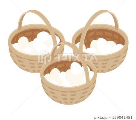 Isometric chicken eggs separated by quantity into different baskets. Concept of forethought and caution. 3D cartoon vector isolated on white background 139041481
