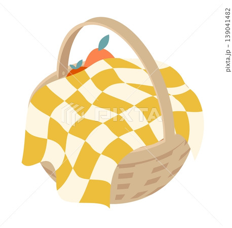 Isometric picnic basket filled with fruit and food covered with a plaid cloth. 3D cartoon vector isolated on white background Isometric picnic basket filled with fruit and food covered with a plaid cloth. 3D cartoon vector isolated on white background 139041482