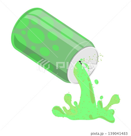 Isometric refreshing citrus carbonated drink pours from an open green aluminum can. 3D cartoon vector isolated on white background Isometric refreshing citrus carbonated drink pours from an open green aluminum can. 3D cartoon vector isolated on white background 139041483