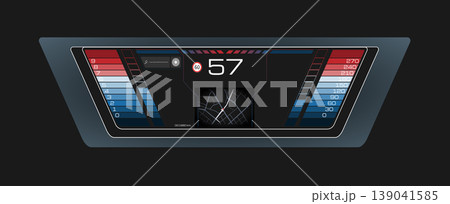 Modern futuristic car dashboard on black background. Digital display shows speedometer, tachometer, GPS navigation, and music player. Sleek high tech GUI with red and blue glowing elements Modern futuristic car dashboard on black background. Digital display shows speedometer, tachometer, GPS navigation, and music player. Sleek high tech GUI with red and blue glowing elements 139041585
