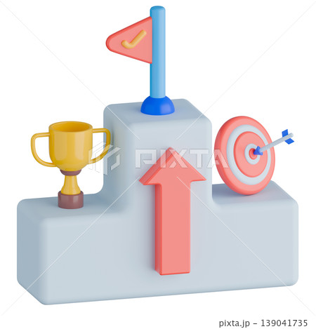 3d rendering concept business goal and achievement illustration. Trophy, archery target and flag on podium.	 139041735