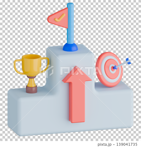 3d rendering concept business goal and achievement illustration. Trophy, archery target and flag on podium.	 139041735