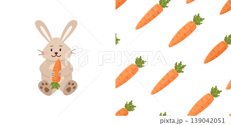 Set of cute cartoon bunny with carrots on a white background and Seamless pattern of orange carrots. Vector illustration for packaging, wallpaper and printing. Set of cute cartoon bunny with carrots on a white background and Seamless pattern of orange carrots. Vector illustration for packaging, wallpaper and printing. 139042051