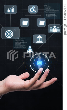 A professional hand presenting a digital ecosystem of AI technology, data analytics, business management, and automation icons on a dark background A professional hand presenting a digital ecosystem of AI technology, data analytics, business management, and automation icons on a dark background 139042140
