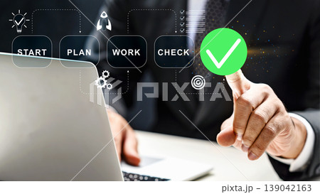 A businessman manages a project workflow cycle of start, plan, work, and check, highlighting quality control and successful task completion with digital icons A businessman manages a project workflow cycle of start, plan, work, and check, highlighting quality control and successful task completion with digital icons 139042163