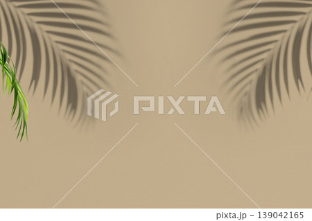 An aesthetic beige wall background featuring soft tropical palm leaf shadows and a touch of green foliage. Ideal for product mockups, summer designs, and minimalist presentations An aesthetic beige wall background featuring soft tropical palm leaf shadows and a touch of green foliage. Ideal for product mockups, summer designs, and minimalist presentations 139042165