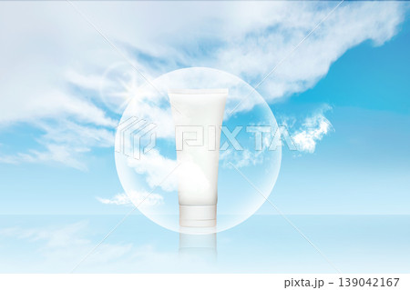 White cosmetic cream tube protected by a transparent bubble sphere against a bright blue sky with white clouds. Ideal for sunscreen, skincare, and beauty product advertising White cosmetic cream tube protected by a transparent bubble sphere against a bright blue sky with white clouds. Ideal for sunscreen, skincare, and beauty product advertising 139042167