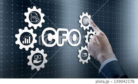 Hand pointing at CFO text surrounded by digital gear wheels depicting financial planning, data analysis, and corporate management on a blue technological background Hand pointing at CFO text surrounded by digital gear wheels depicting financial planning, data analysis, and corporate management on a blue technological background 139042176