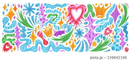 Paper cutout with handmade arrow, textured naive abstract shape and scrapbook crown, twinkle. Cutout geometric pattern with sparkle, dot and trendy form scribble set. Paper vector collage illustration 139042198