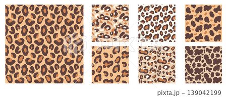 Leopard seamless pattern with rosette and spot in warm gold and brown. Classic leopard animal print with cheetah skin for trendy fashion. Hand drawn vector safari motifs on orange backdrop collection 139042199