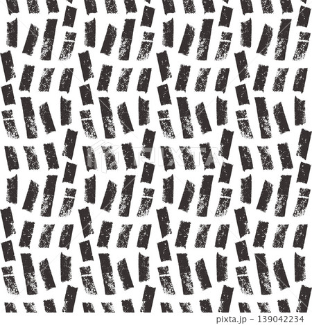 Small dash uneven lines seamless pattern. Endless background with ink roller charcoal brush stroke. Black chalk pencil abstract spots pattern design. Hand drawn short line texture. Vector irregular bg 139042234
