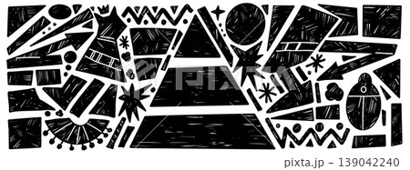 Dense egypt geometric charcoal shape with pencil crayon and abstract figure. Playful egypt design for ancient travel poster and card. Hand drawn vector set with rugged geometric doodle or background Dense egypt geometric charcoal shape with pencil crayon and abstract figure. Playful egypt design for ancient travel poster and card. Hand drawn vector set with rugged geometric doodle or background 139042240