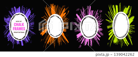 Punk frame and crayon sticker workshop border with chalk text box. Sticker grunge shape and bold brush stroke on photo oval. Neon vector frame for esport gaming and graffiti poster set isolated 139042262