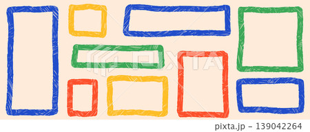 Photo frame with rectangle crayon kid text box square shapes. Diagonal hatched photo frame and border on beige with kindergarten chalk pencil vibe. Vector decor set for scrapbook and nursery wavy card Photo frame with rectangle crayon kid text box square shapes. Diagonal hatched photo frame and border on beige with kindergarten chalk pencil vibe. Vector decor set for scrapbook and nursery wavy card 139042264