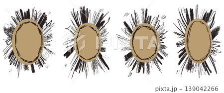 Charcoal paper cutout oval and collage text box, photo frames with chalk craft. Charcoal scrap and retro quirky pencil on hand drawn cut out border. Monochrome vector sticker set for scrapbook zine 139042266