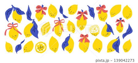 Coquette lemon with bows illustrations Italian Mediterranean charm. Hand drawn whimsical naive doodle fruit featuring branches in blue yellow tones. Vector lemons scribble isolated no bg 139042273