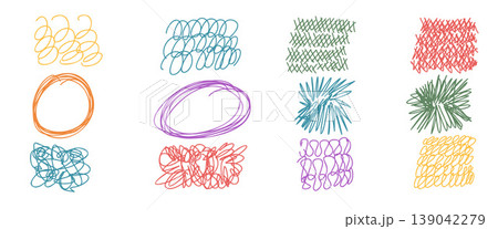 Colorful playful pen scribbles for text highlights decor. Hand-drawn scratches, squiggles, abstract doodles, naive rounds set. Vector handmade irregular oval, crosshatching forms isolated no bg Colorful playful pen scribbles for text highlights decor. Hand-drawn scratches, squiggles, abstract doodles, naive rounds set. Vector handmade irregular oval, crosshatching forms isolated no bg 139042279