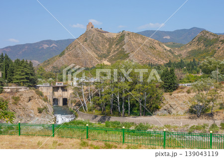 Scenic View Of Caucasus Mountains With Hydropower Plant On Kura River in Georgia Scenic View Of Caucasus Mountains With Hydropower Plant On Kura River in Georgia 139043119
