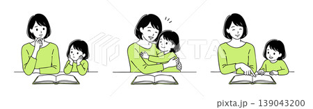 勉強を教える親、読み聞かせイラスト素材セット 139043200