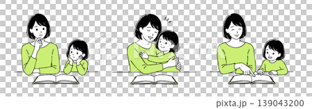 勉強を教える親、読み聞かせイラスト素材セット 139043200