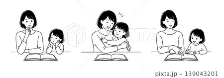 勉強を教える親、読み聞かせイラスト素材セット 139043201