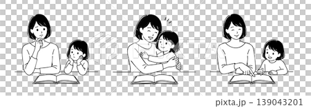 勉強を教える親、読み聞かせイラスト素材セット 139043201