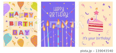 Birthday greeting cards set with candles, cake slice, balloons, confetti. Colorful celebration posters with lettering quotes for invitation, party banner, print ready design Birthday greeting cards set with candles, cake slice, balloons, confetti. Colorful celebration posters with lettering quotes for invitation, party banner, print ready design 139043540