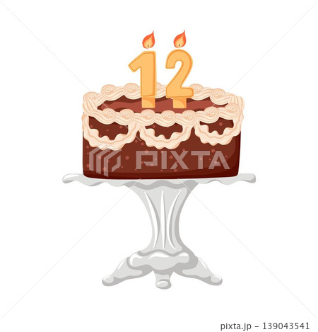 Chocolate Birthday cake with number candles. Sweet bakery dessert decorated in retro style. Cake with cream for celebration design. Vector illustration isolated on white for postcard, sticker, web 139043541