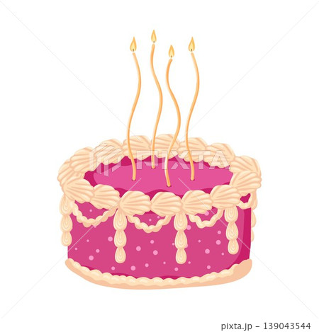Birthday cake with burning candles. Sweet bakery dessert decorated in retro style. Pink cake with cream for celebration design. Vector illustration isolated on white for postcard, sticker, web Birthday cake with burning candles. Sweet bakery dessert decorated in retro style. Pink cake with cream for celebration design. Vector illustration isolated on white for postcard, sticker, web 139043544