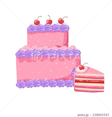 Birthday two-tier cherry cake. Sweet bakery dessert decorated in retro style. A piece of cake with layers for celebration design. Vector illustration isolated on white for postcard, sticker, web Birthday two-tier cherry cake. Sweet bakery dessert decorated in retro style. A piece of cake with layers for celebration design. Vector illustration isolated on white for postcard, sticker, web 139043547