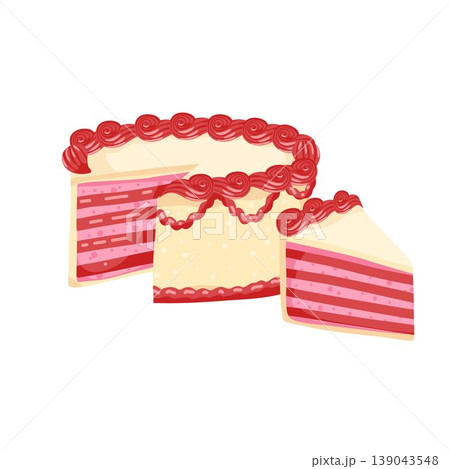 Birthday cake and a slice of cake. Sweet bakery dessert decorated in retro style. A piece of cake with cream layers for celebration design. Vector illustration isolated on white for postcard, sticker 139043548