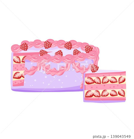 Birthday strawberry cake. Sweet bakery dessert decorated in retro style. A piece of cake with pink cream for celebration design. Vector illustration isolated on white for postcard, sticker, web Birthday strawberry cake. Sweet bakery dessert decorated in retro style. A piece of cake with pink cream for celebration design. Vector illustration isolated on white for postcard, sticker, web 139043549