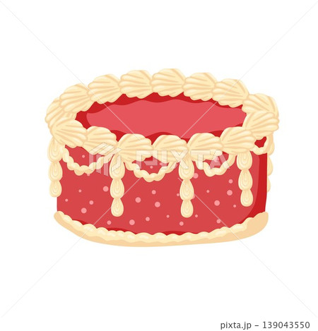 Birthday cake with red frosting. Sweet bakery dessert decorated in retro style. Cartoon cake with cream for celebration design. Vector illustration isolated on white for postcard, sticker, web Birthday cake with red frosting. Sweet bakery dessert decorated in retro style. Cartoon cake with cream for celebration design. Vector illustration isolated on white for postcard, sticker, web 139043550