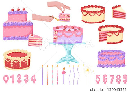 Birthday cake set with strawberry cream layers, slices, candles, number toppers. Sweet dessert collection with vintage party cakes, festive sparkler and celebration for stickers, cards, print Birthday cake set with strawberry cream layers, slices, candles, number toppers. Sweet dessert collection with vintage party cakes, festive sparkler and celebration for stickers, cards, print 139043551