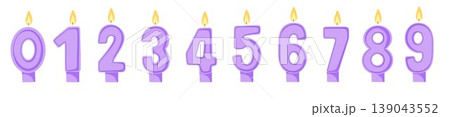 Birthday candles numbers for cake decoration. Purple hand drawn burning candle numbers isolated on white background. Anniversary celebration party decor vector elements for design, sticker, print 139043552