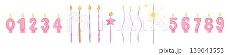 Birthday candles for cake decoration. Simple hand drawn burning candle numbers, star, sparkle on white background. Anniversary celebration party decor vector elements for design, sticker, print, web 139043553