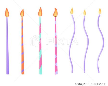 Birthday candles for cake decoration. Simple hand drawn burning striped, spotted candles set on white background. Anniversary celebration party decor vector elements for design, sticker, print, web 139043554
