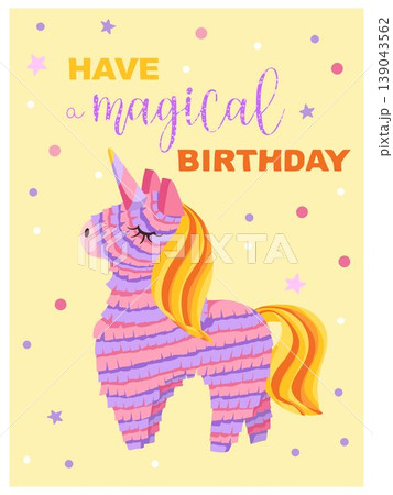 Unicorn birthday greeting card. Hand drawn vector pinata illustration. Magic posters with colorful toy. Cute printable postcard with lettering for children celebration, party invitation 139043562