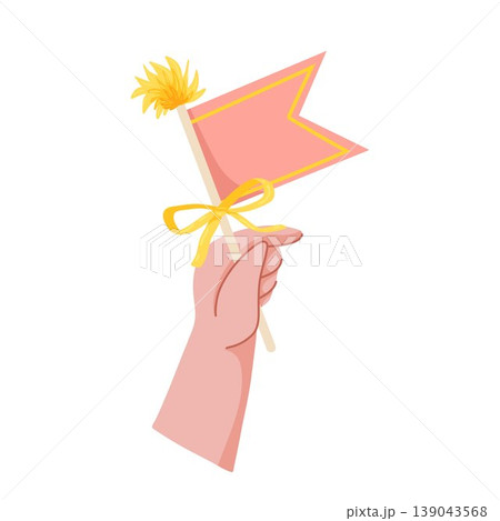 Cartoon child hand holding decorative party pennant with bow topper. Celebration flag accessory isolated on white background. Flat vector cartoon hand drawn illustration for web, sticker, print 139043568