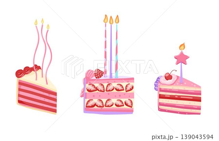 Birthday cakes slices with candles set. Cherry, strawberry bakery dessert. Cakes pieces with pink cream icing for celebration design. Vector illustration isolated on white for postcards, stickers Birthday cakes slices with candles set. Cherry, strawberry bakery dessert. Cakes pieces with pink cream icing for celebration design. Vector illustration isolated on white for postcards, stickers 139043594